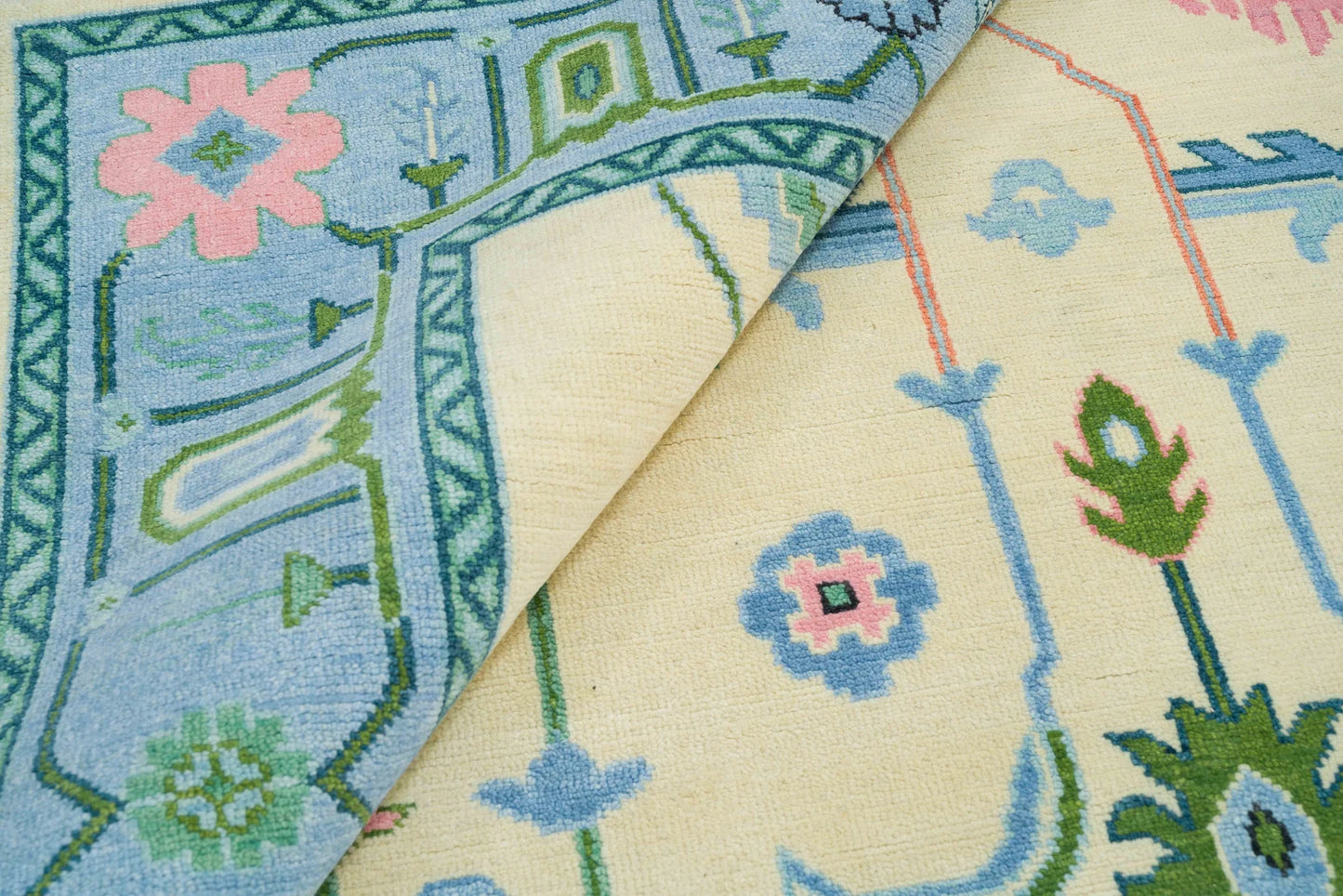 Oushak Rug – Cream, Blue & Green with Pink Accents | Modern Abstract Turkish Wool Rug | Handknotted Bedroom Area Carpet