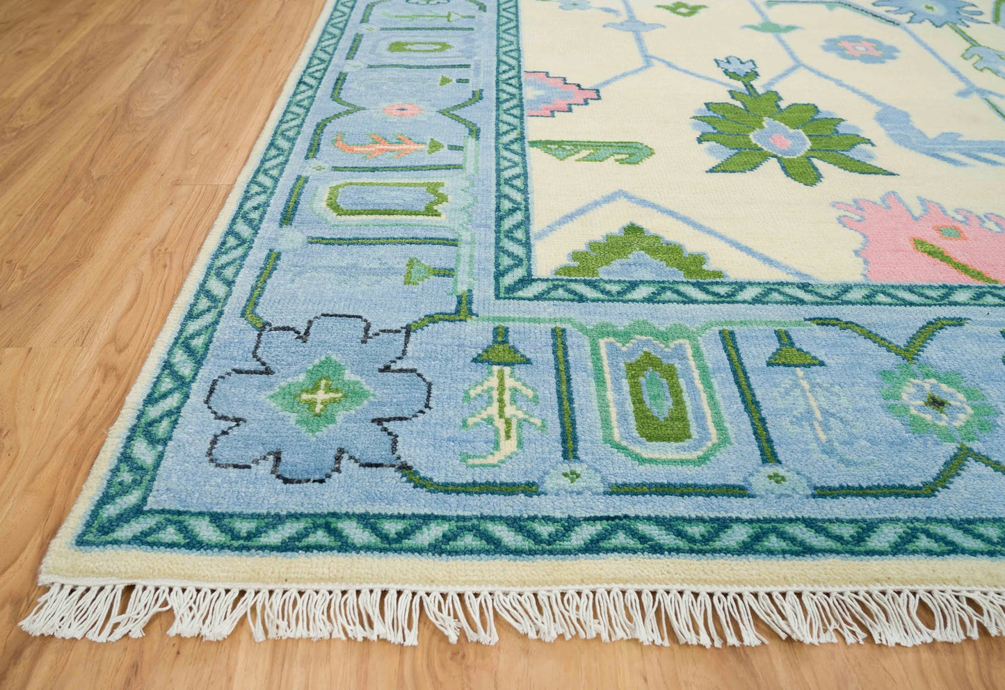 Oushak Rug – Cream, Blue & Green with Pink Accents | Modern Abstract Turkish Wool Rug | Handknotted Bedroom Area Carpet