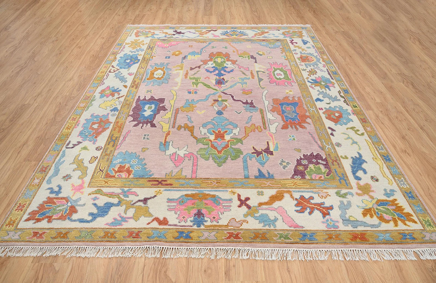 Modern Multicolor Pink Oushak Rug – Handmade Turkish Wool Rug (8x10, 9x12) for Bedroom or Living Room