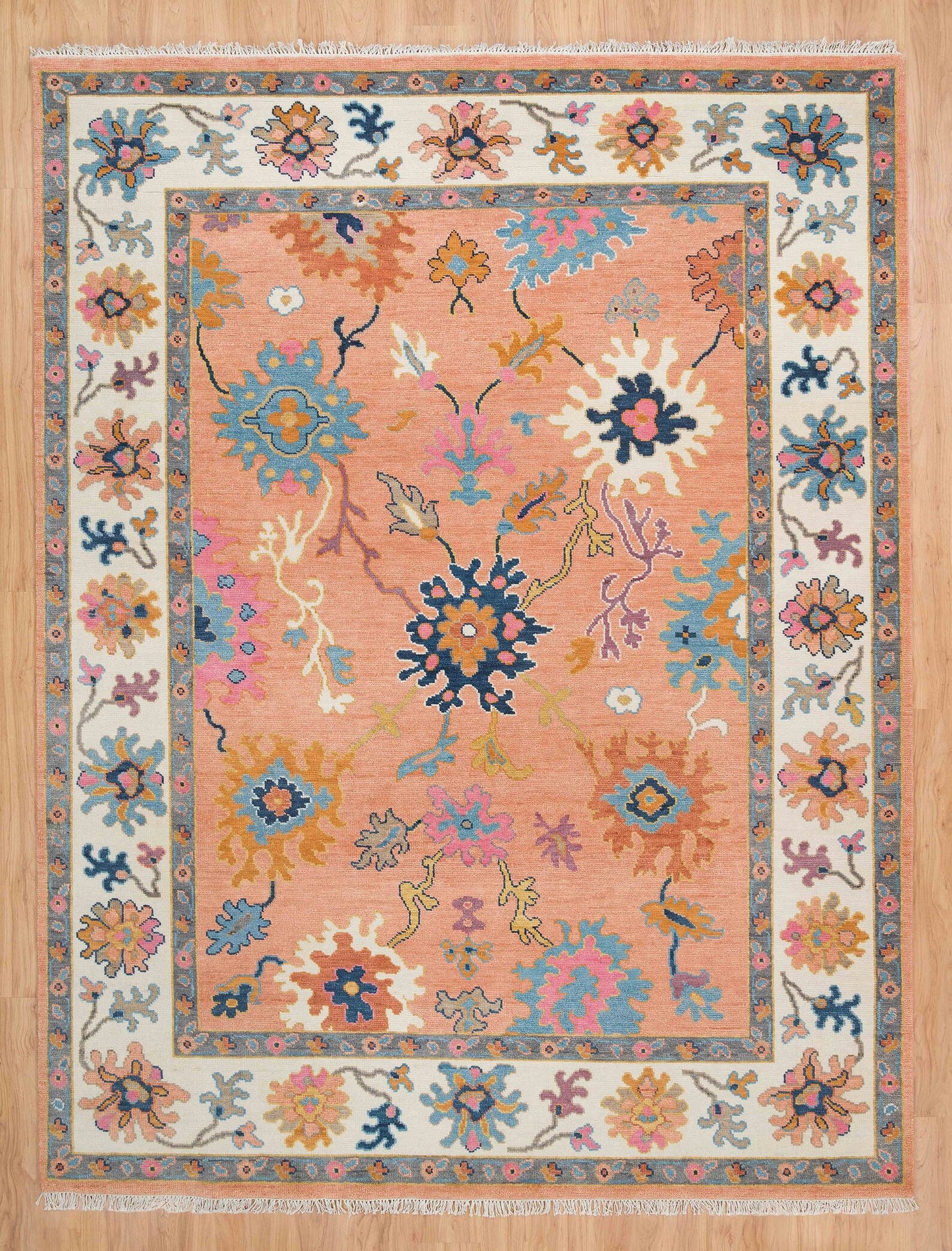 Contemporary Oushak Rug – Light Orange Wool Area Rug with Pink & Blue | Ivory Border Turkish Rug 8x10 / 9x12 for Modern Living Room