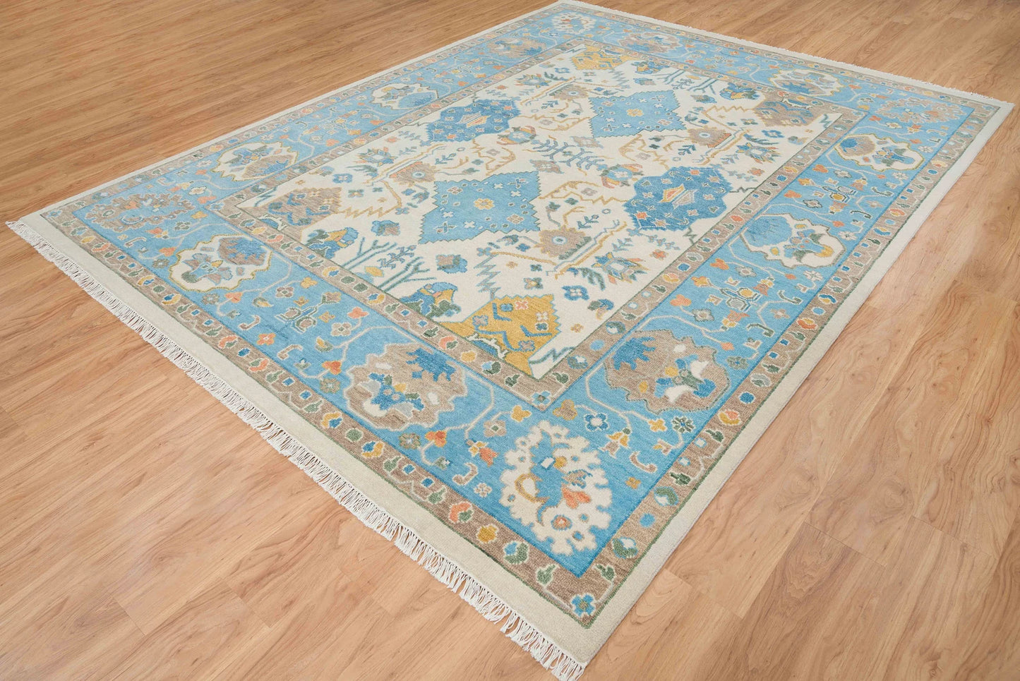 Modern Oushak Rug – 8x10 & 9x12 | Mustard Gold, Ivory, Beige & Light Blue | Handmade Turkish Wool Area Rug for Living Room