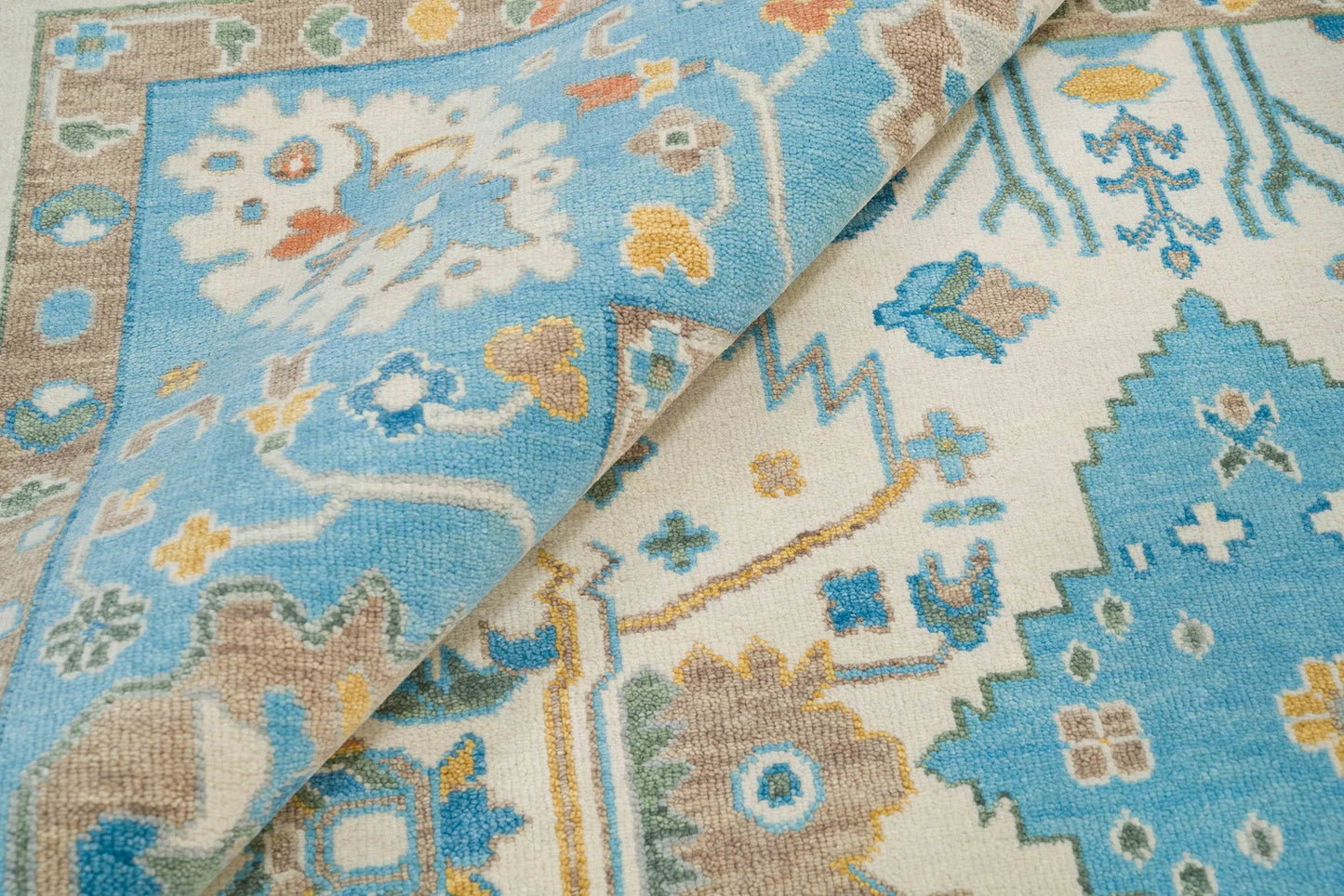 Modern Oushak Rug – 8x10 & 9x12 | Mustard Gold, Ivory, Beige & Light Blue | Handmade Turkish Wool Area Rug for Living Room