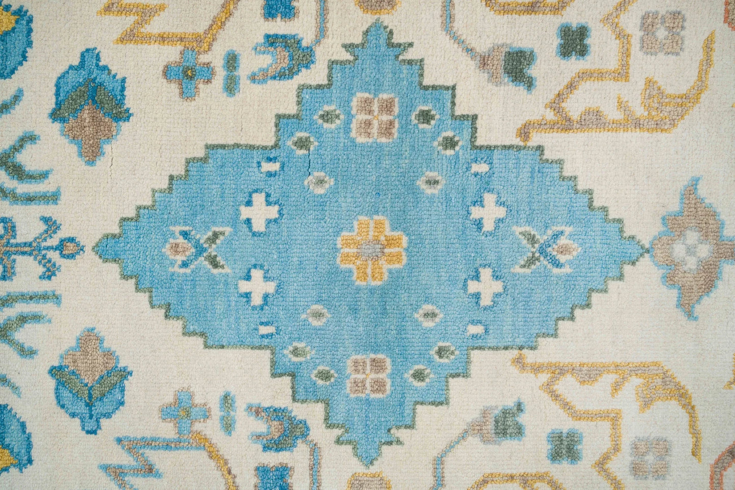 Modern Oushak Rug – 8x10 & 9x12 | Mustard Gold, Ivory, Beige & Light Blue | Handmade Turkish Wool Area Rug for Living Room