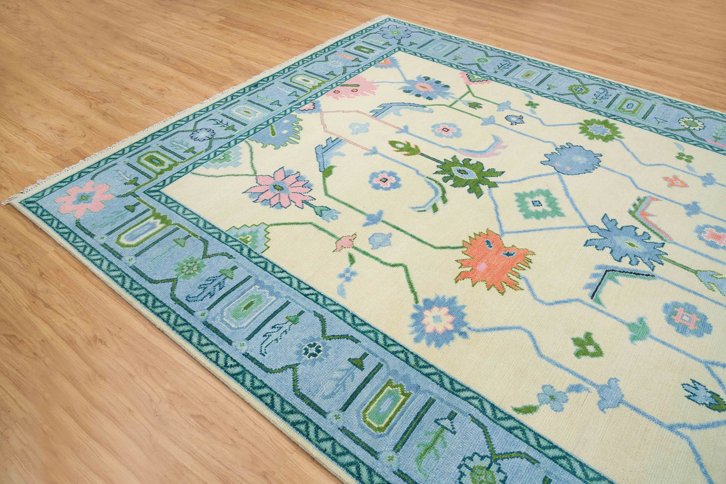 Oushak Rug – Cream, Blue & Green with Pink Accents | Modern Abstract Turkish Wool Rug | Handknotted Bedroom Area Carpet