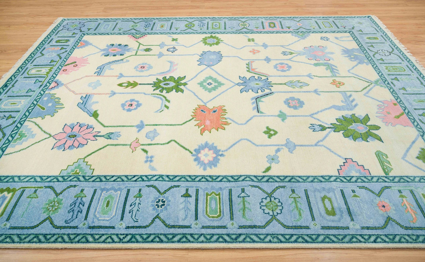 Oushak Rug – Cream, Blue & Green with Pink Accents | Modern Abstract Turkish Wool Rug | Handknotted Bedroom Area Carpet