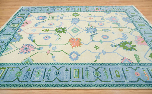 Oushak Rug – Cream, Blue & Green with Pink Accents | Modern Abstract Turkish Wool Rug | Handknotted Bedroom Area Carpet Carpitzi
