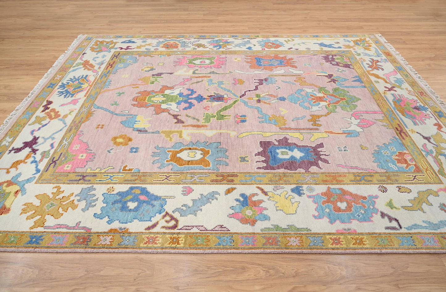 Modern Multicolor Pink Oushak Rug – Handmade Turkish Wool Rug (8x10, 9x12) for Bedroom or Living Room
