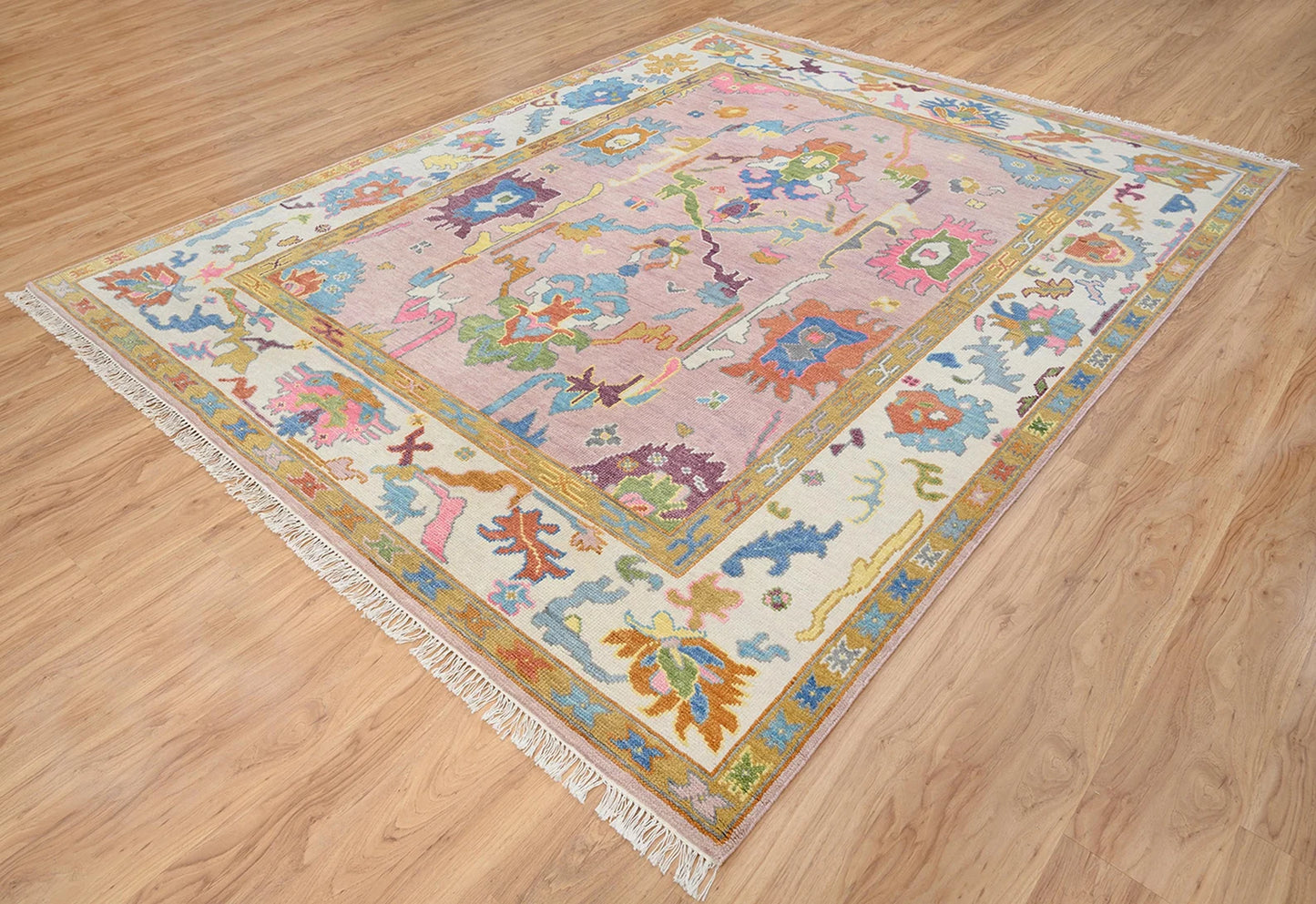 Modern Multicolor Pink Oushak Rug – Handmade Turkish Wool Rug (8x10, 9x12) for Bedroom or Living Room