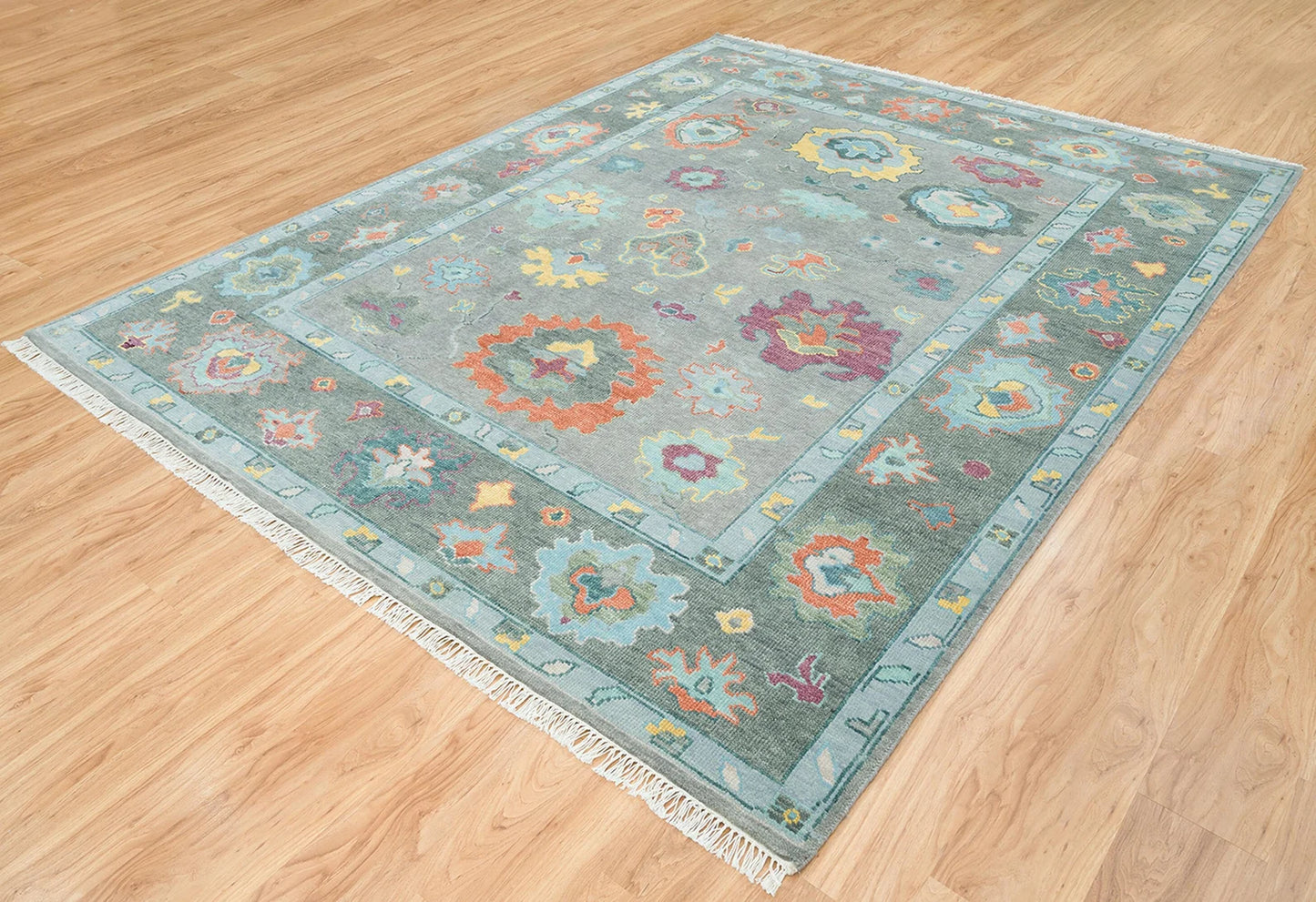Modern Oushak Rug – Gray Green Wool | Colorful Abstract Turkish Area Rug