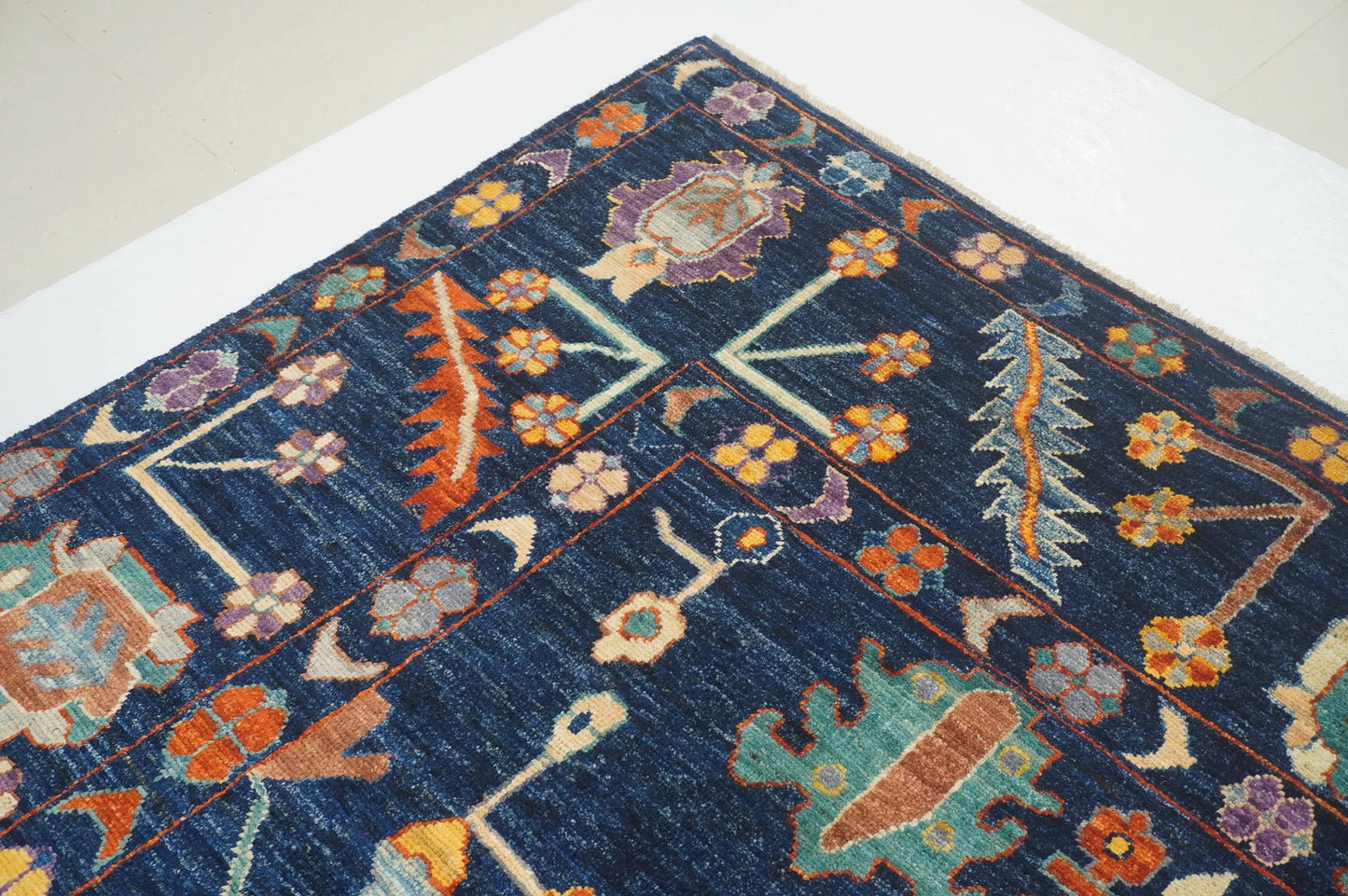 Modern Hand-Knotted Navy Multicolor Oushak Rug – Colorful Wool Rug for Living Room, Kids, or Bedroom