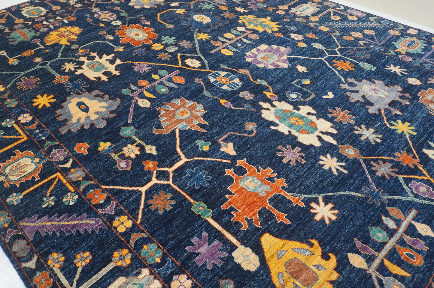 Modern Hand-Knotted Navy Multicolor Oushak Rug – Colorful Wool Rug for Living Room, Kids, or Bedroom