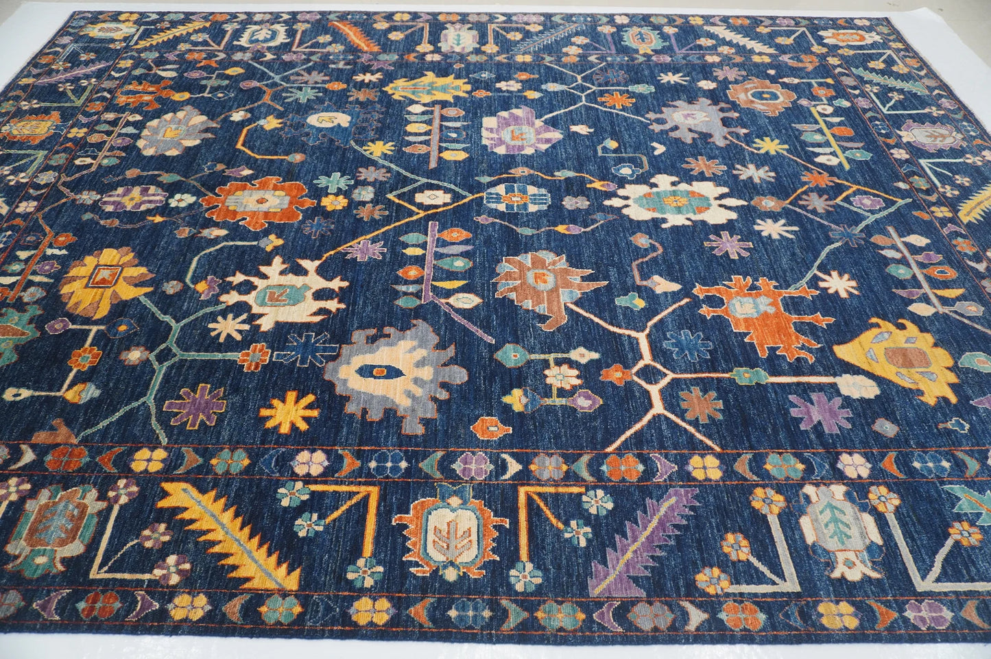 Modern Hand-Knotted Navy Multicolor Oushak Rug – Colorful Wool Rug for Living Room, Kids, or Bedroom