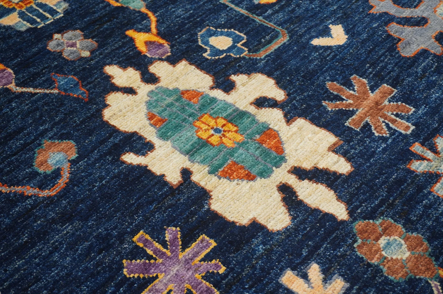 Modern Hand-Knotted Navy Multicolor Oushak Rug – Colorful Wool Rug for Living Room, Kids, or Bedroom