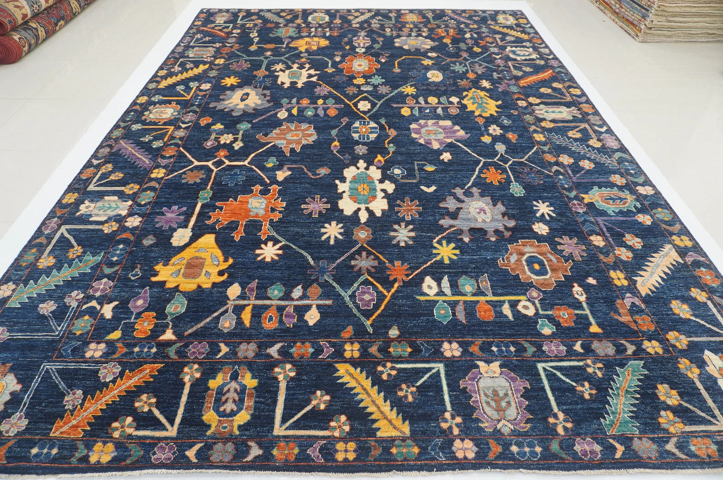 Modern Hand-Knotted Navy Multicolor Oushak Rug – Colorful Wool Rug for Living Room, Kids, or Bedroom