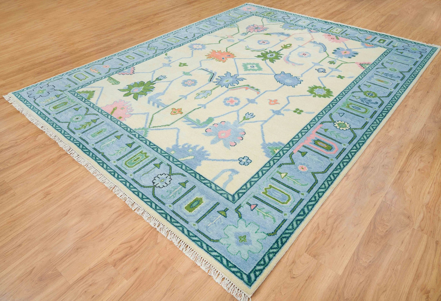Oushak Rug – Cream, Blue & Green with Pink Accents | Modern Abstract Turkish Wool Rug | Handknotted Bedroom Area Carpet