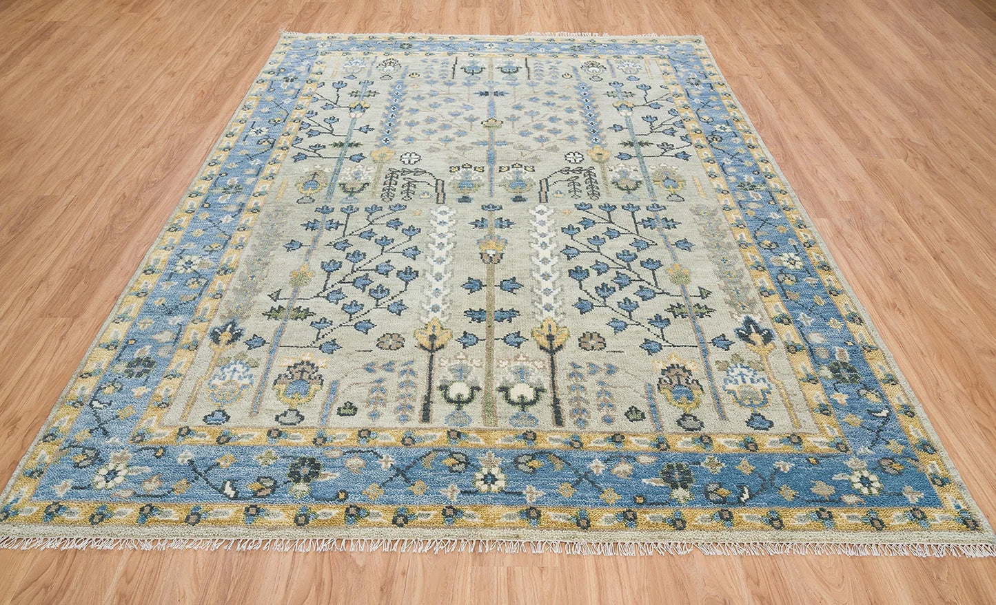 Handmade Persian Rug – Yellow Blue Floral Wool Area Rug 8x10 | Cream, Gold, Green & Ivory for Living Room