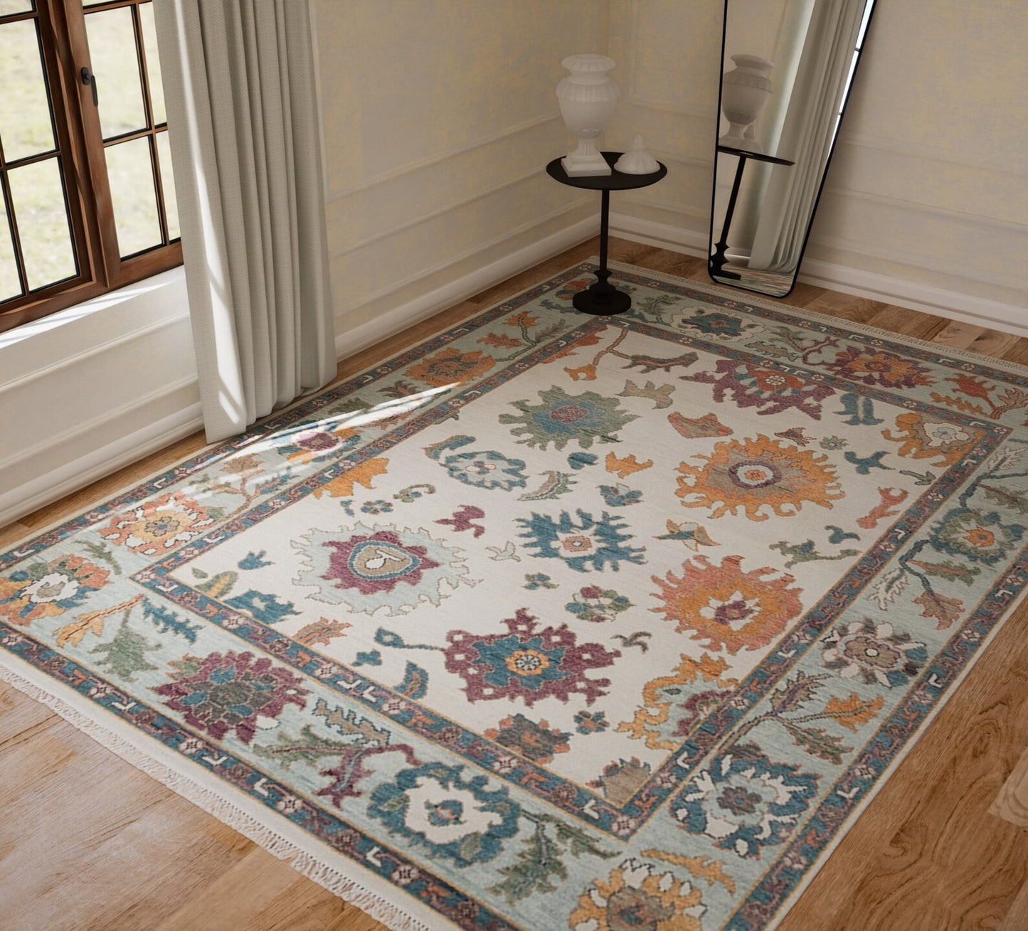 Modern Ivory Oushak Rug – Mint Green Border Wool Rug | Abstract Turkish Area Rug 8x10 / 9x12 for Living Room or Bedroom