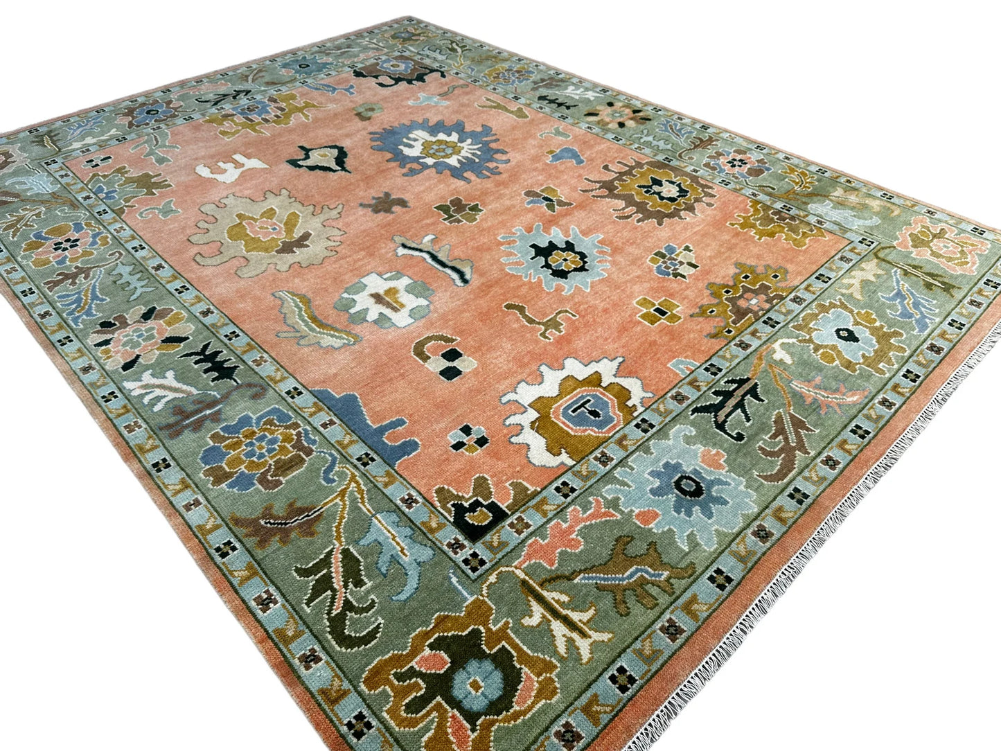 Pink Oushak Hand-Knotted Peach Indo Oushak Wool Rug – Antique Turkish-Inspired Handmade Oriental CarpetHand-Knotted Rug – Handmade Antique-Inspired Living Room Carpet (Copy)