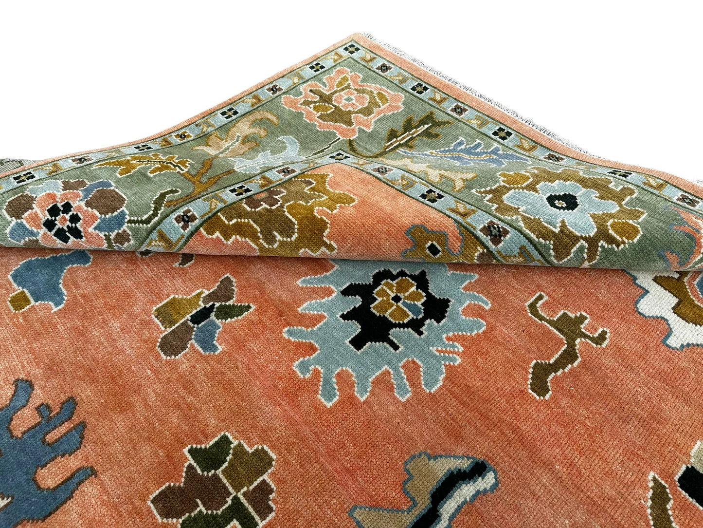 Pink Oushak Hand-Knotted Peach Indo Oushak Wool Rug – Antique Turkish-Inspired Handmade Oriental CarpetHand-Knotted Rug – Handmade Antique-Inspired Living Room Carpet (Copy)