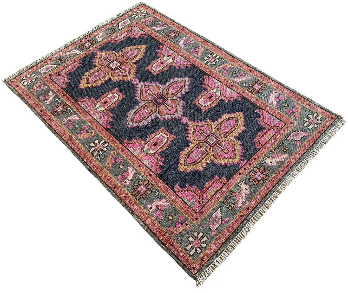 Hand-Knotted Navy Blue Turkish Oushak Rug – Large Wool Oriental Area Rug for Living Room or Bedroom