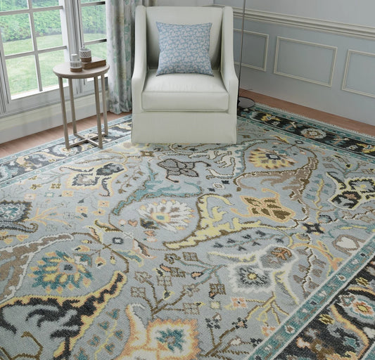 Fossil Gray Oushak Rug – Gold Accent Wool Area Rug | Teal, Ivory & Black Border Turkish Rug for Living Room or Bedroom
