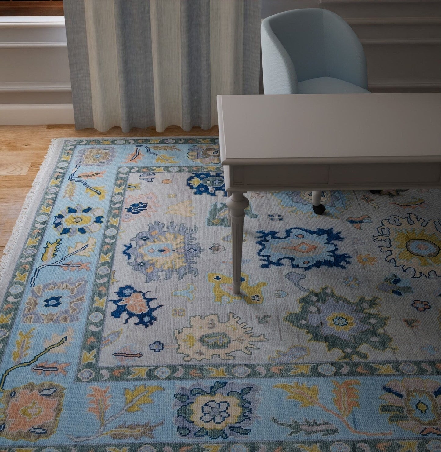 Gray & Blue Oushak Rug – Handmade Wool Area Rug with Gold, Pink & Navy Accents | Colorful Turkish Rug for Modern Living Room Carpitzi