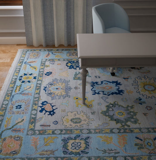 Gray & Blue Oushak Rug – Handmade Wool Area Rug with Gold, Pink & Navy Accents | Colorful Turkish Rug for Modern Living Room