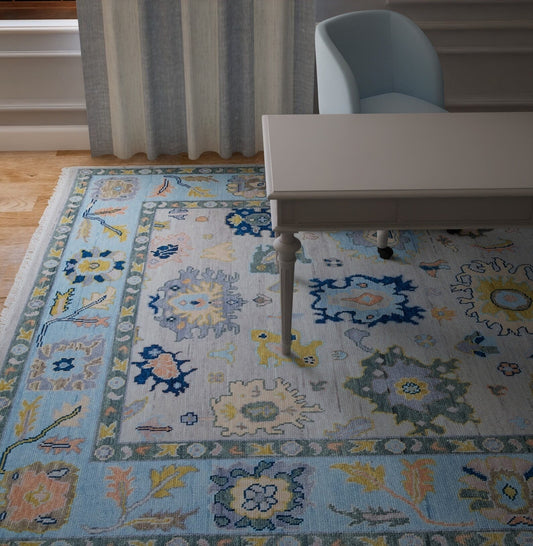 Gray & Blue Oushak Rug – Handmade Wool Area Rug with Gold, Pink & Navy Accents | Colorful Turkish Rug for Modern Living Room Carpitzi