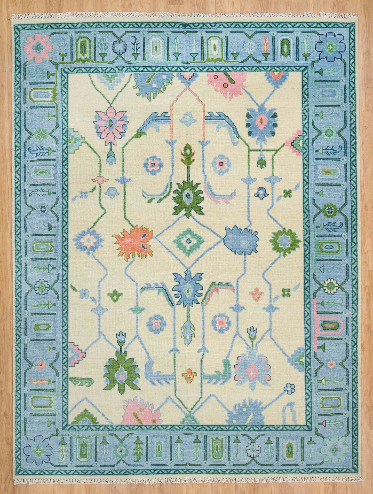 Oushak Rug – Cream, Blue & Green with Pink Accents | Modern Abstract Turkish Wool Rug | Handknotted Bedroom Area Carpet