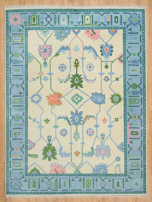 Oushak Rug – Cream, Blue & Green with Pink Accents | Modern Abstract Turkish Wool Rug | Handknotted Bedroom Area Carpet