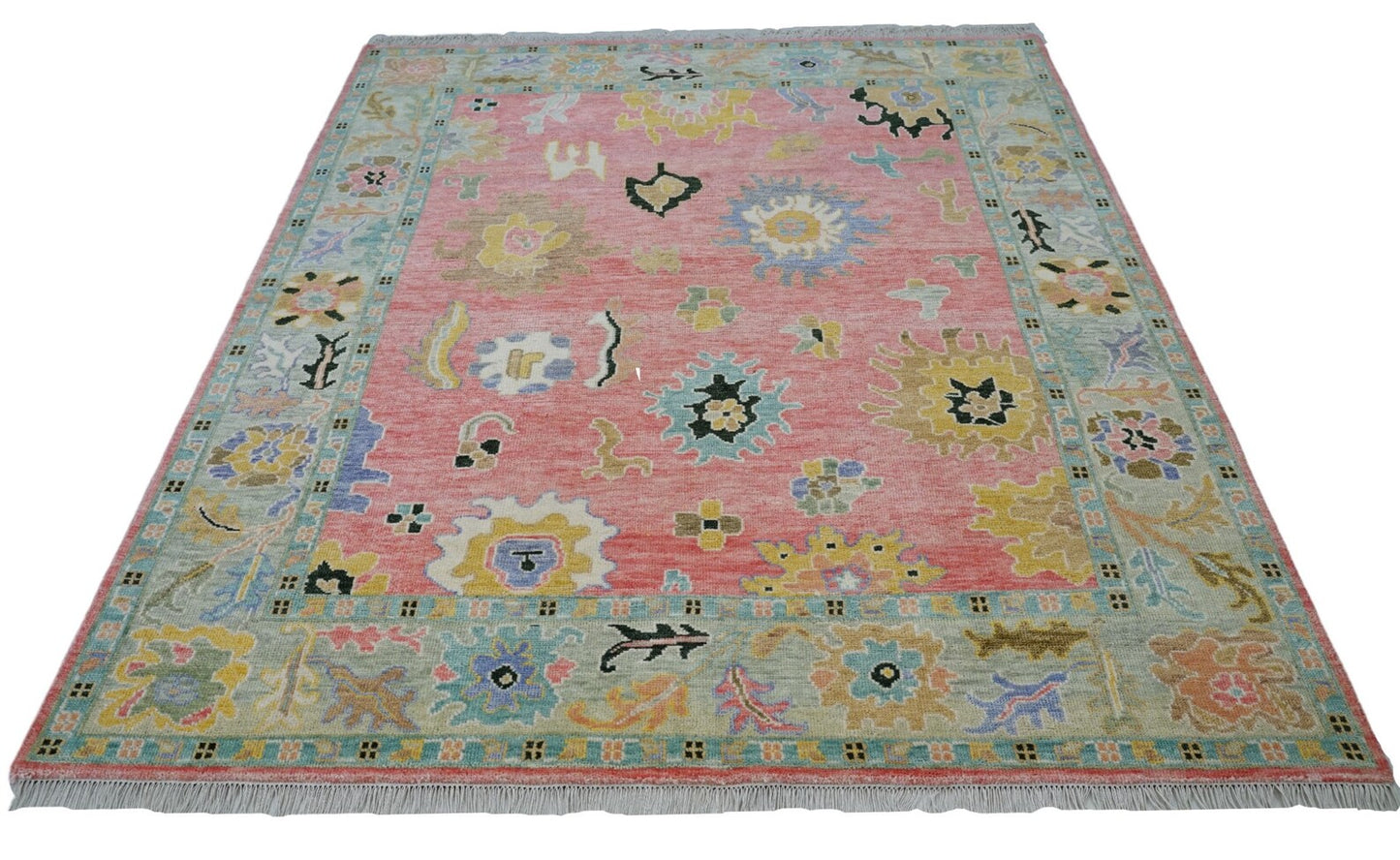 Handmade Pink & Moss Oushak Rug – Antique Ethnic Wool Carpet | Turkish Rug in Multiple Sizes for Living Room or Bedroom