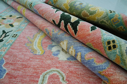 Handmade Pink & Moss Oushak Rug – Antique Ethnic Wool Carpet | Turkish Rug in Multiple Sizes for Living Room or Bedroom Carpitzi