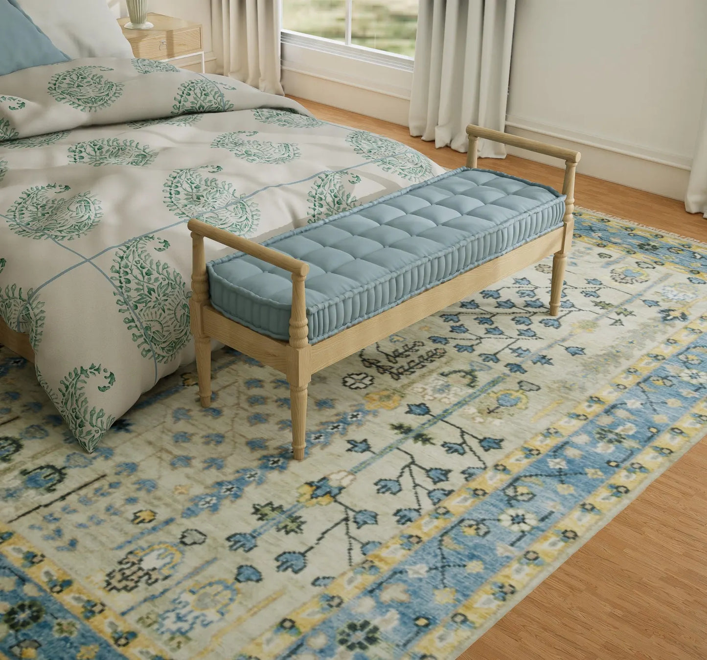Handmade Persian Rug – Yellow Blue Floral Wool Area Rug 8x10 | Cream, Gold, Green & Ivory for Living Room