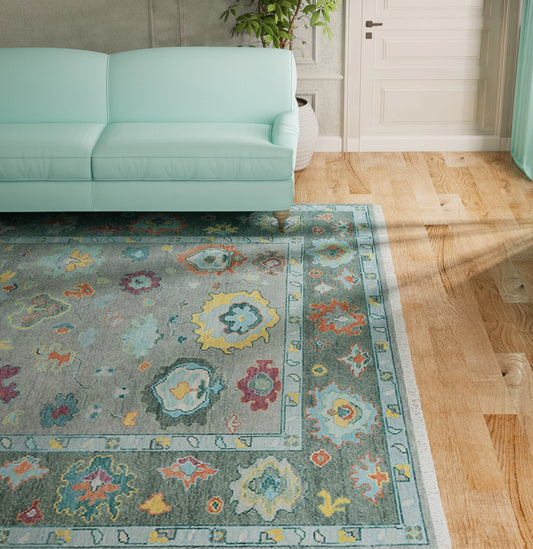 Modern Oushak Rug – Gray Green Wool | Colorful Abstract Turkish Area Rug