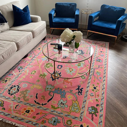 Pink Oushak Style Hand-Knotted Rug – Antique-Inspired Handmade Wool Area Rug (Multiple Sizes)