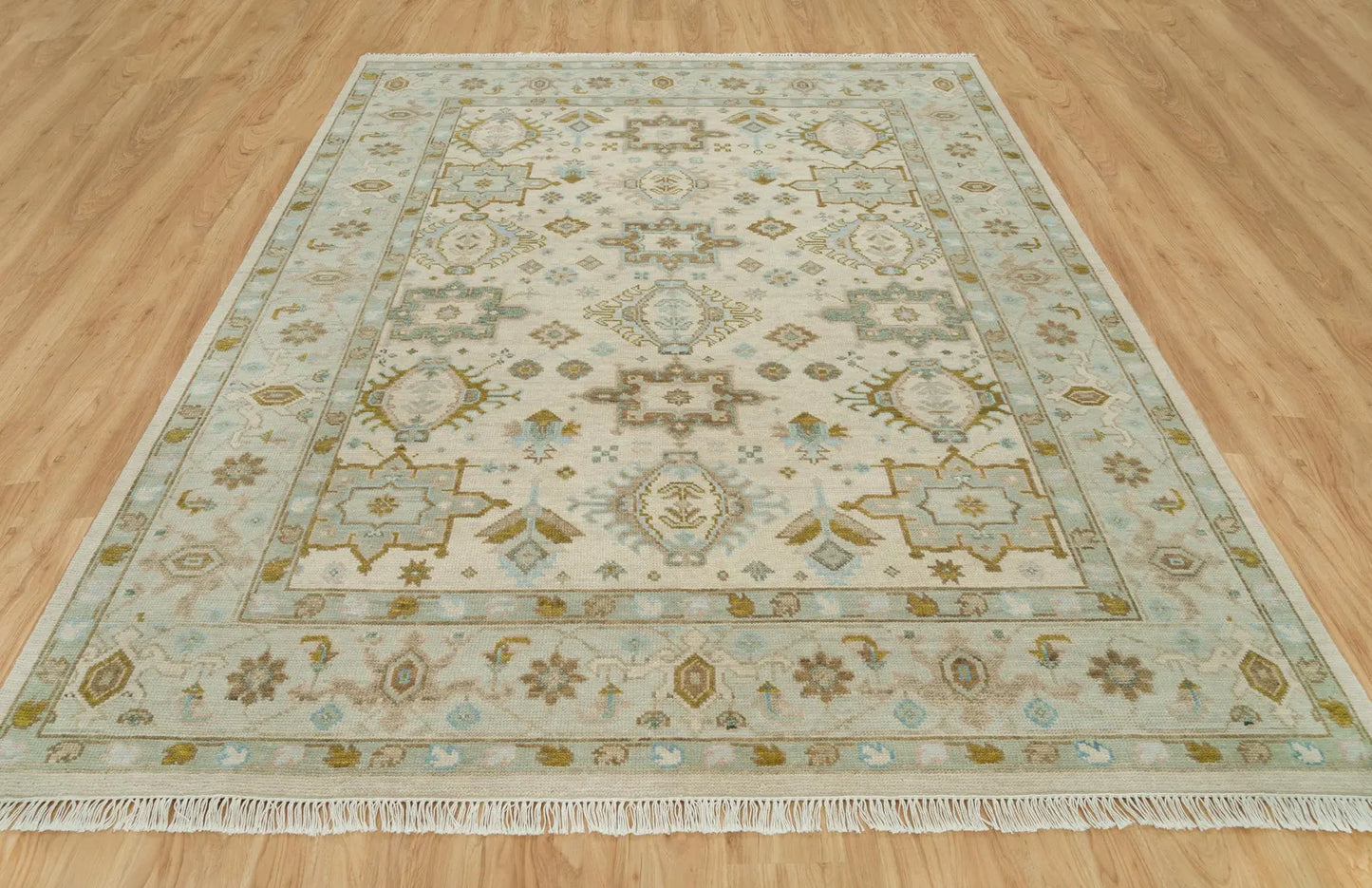 Muted Oushak Rug – Sand Beige with Blue & Green Highlights | Hand knotted 8x10 Wool Turkish Area Rug