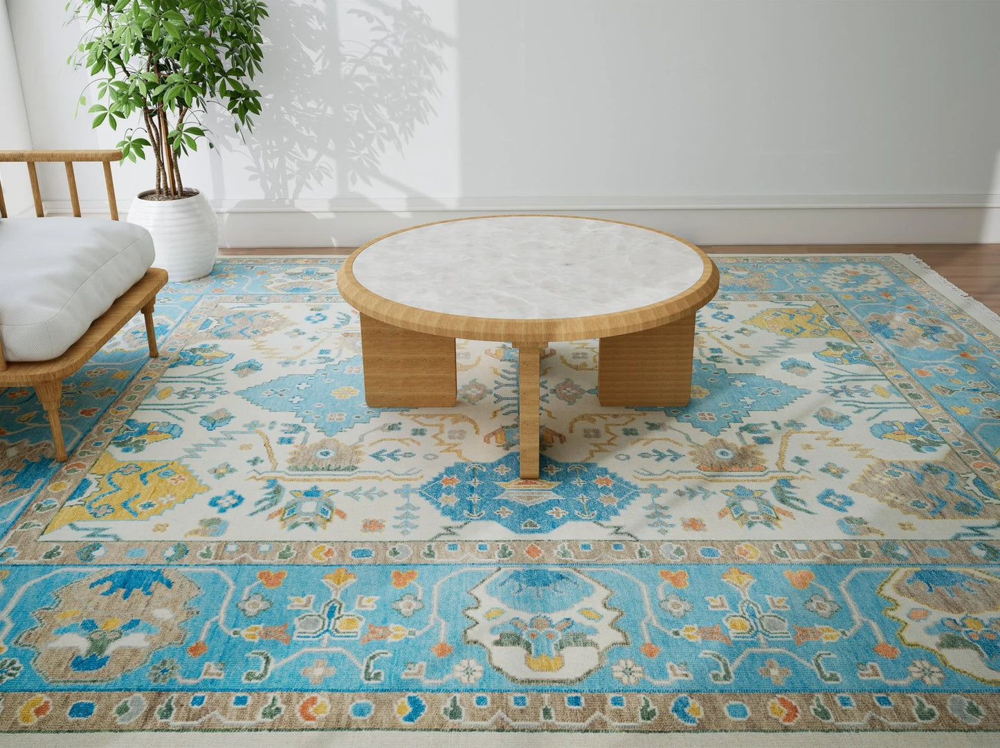 Modern Oushak Rug – 8x10 & 9x12 | Mustard Gold, Ivory, Beige & Light Blue | Handmade Turkish Wool Area Rug for Living Room