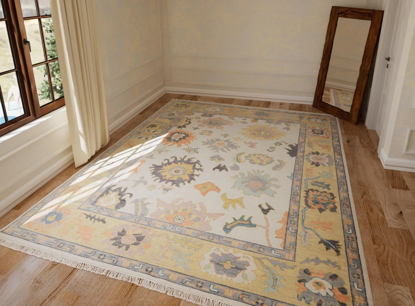 Neutral Oushak Rug – Ivory & Gold Wool Area Rug | Contemporary Multicolored Turkish Rug for Living Room or Bedroom
