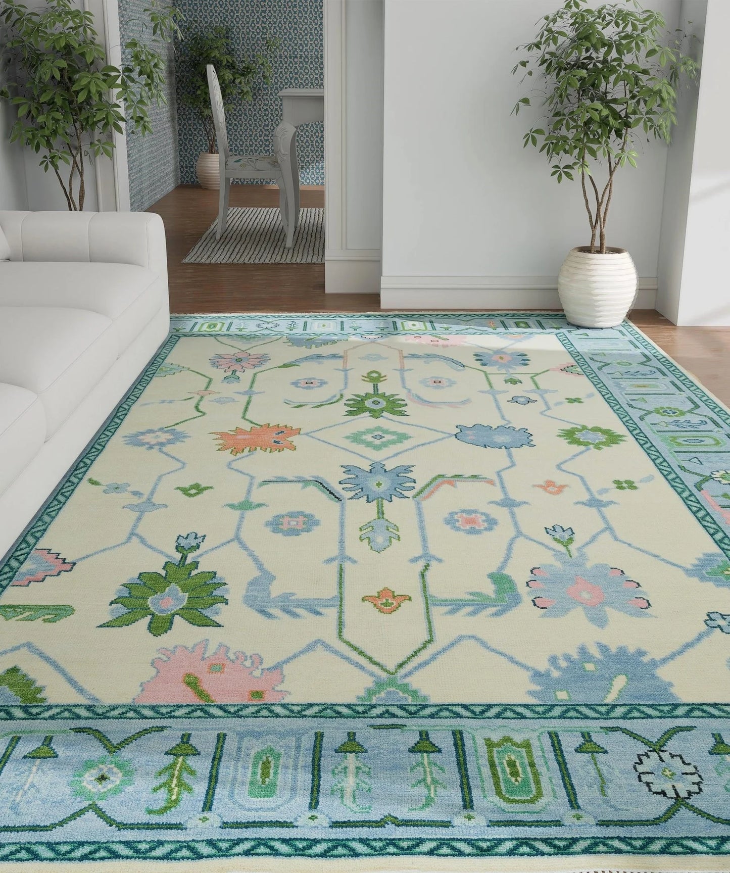 Oushak Rug – Cream, Blue & Green with Pink Accents | Modern Abstract Turkish Wool Rug | Handknotted Bedroom Area Carpet