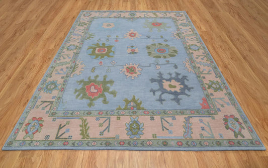 Light Blue Green Oushak Rug – Pastel Floral Wool Area Rug | Handmade Turkish Rug for Bedroom, Beige & Pink Accents Carpitzi