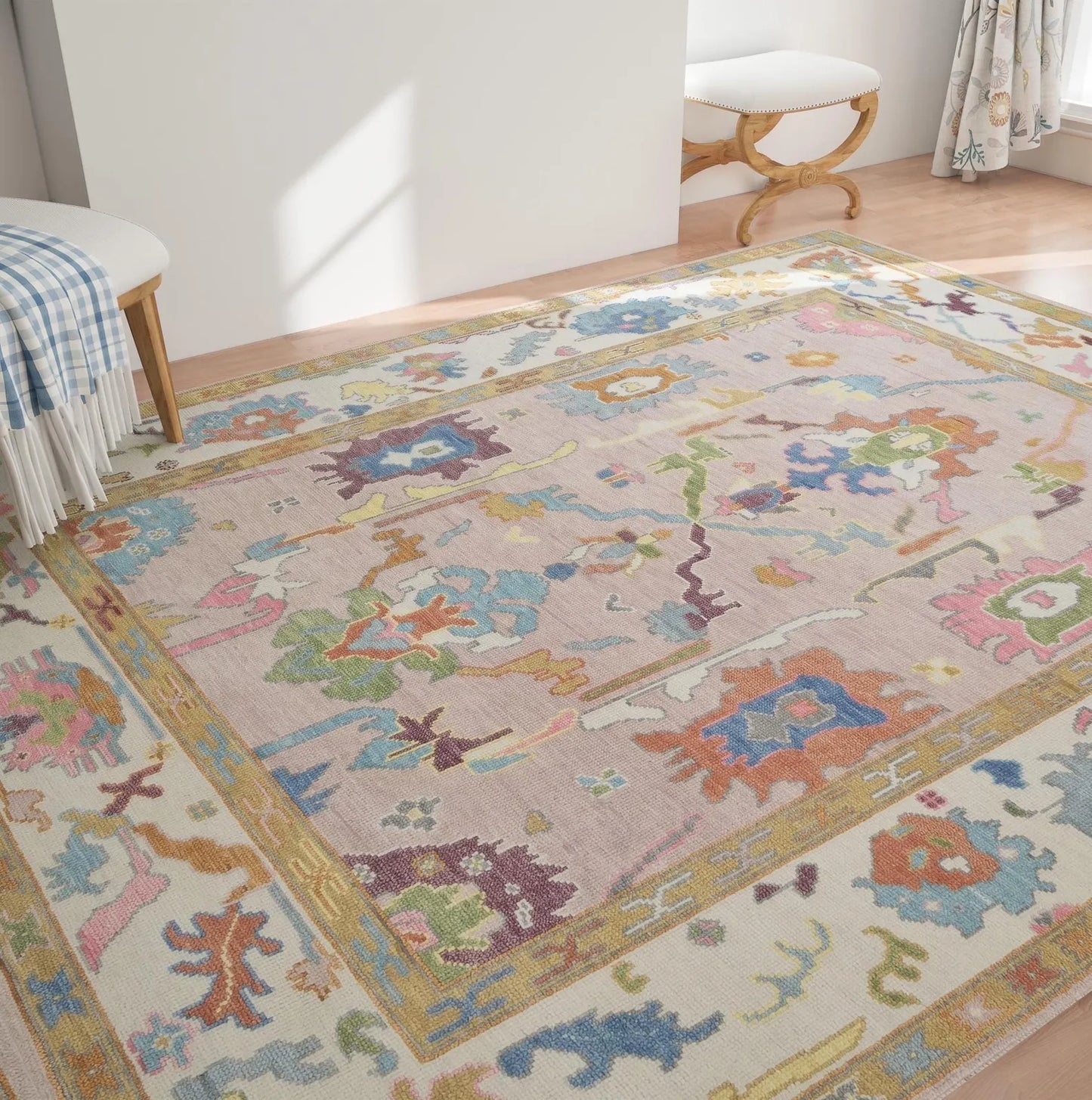 Modern Multicolor Pink Oushak Rug – Handmade Turkish Wool Rug (8x10, 9x12) for Bedroom or Living Room
