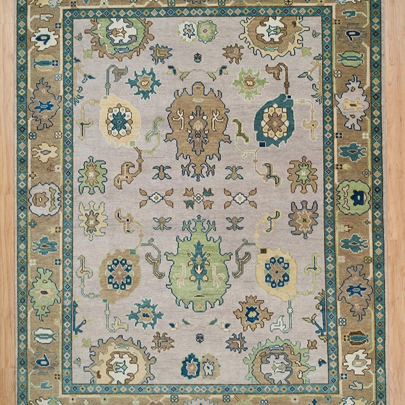 Coffee Brown Oushak Rug – Hand-Knotted Wool Turkish Area Rug with Navy and Green Accents for Living Room