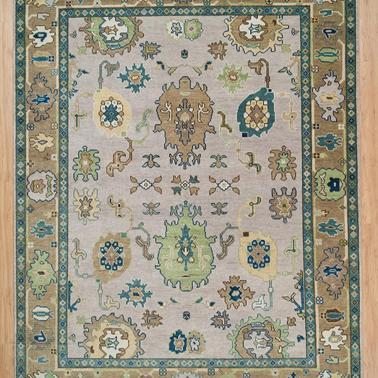 Coffee Brown Oushak Rug – Hand-Knotted Wool Turkish Area Rug with Navy and Green Accents for Living Room