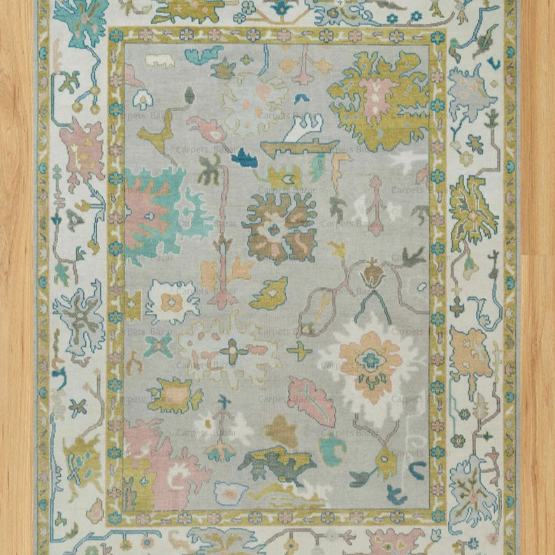 Thunder Gray Bloom Oushak Rug 8x10 | Hand-Knotted Turkish Rug | Mustard Gold, Teal & Ocean Blue Accents | Colorful Area Rug 9x12