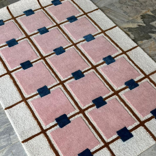 Luxurious Pink Check Pattern Woolen Tufted Rugs - Anthro-Inspired Modern Handmade Area Rugs for Living Room, Bedroom, Hall & Kitchen.