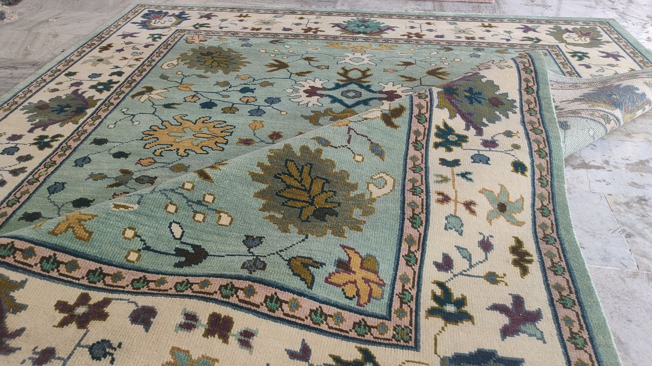 Oushak Mid Century Mint Green Floral Hand Woven Wool Rug