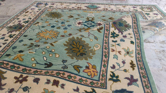 Oushak Mid Century Mint Green Floral Hand Woven Wool Rug Carpitzi