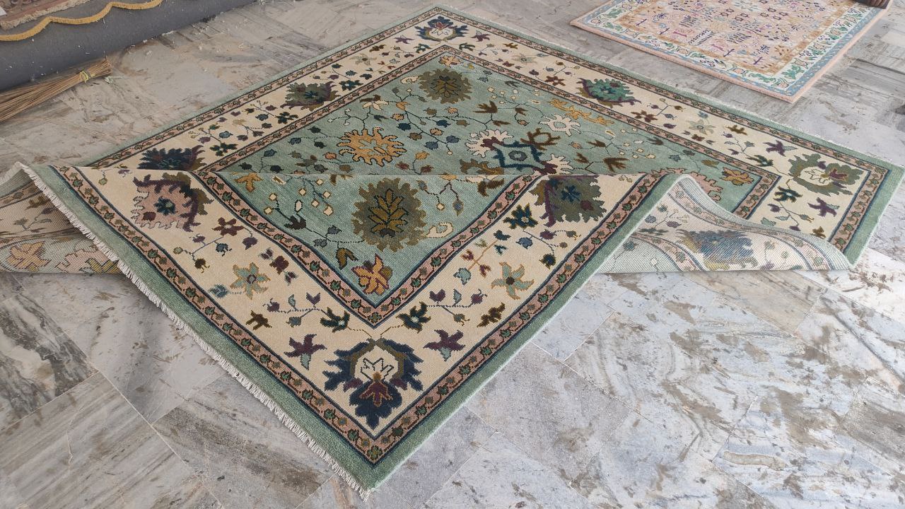 Oushak Mid Century Mint Green Floral Hand Woven Wool Rug