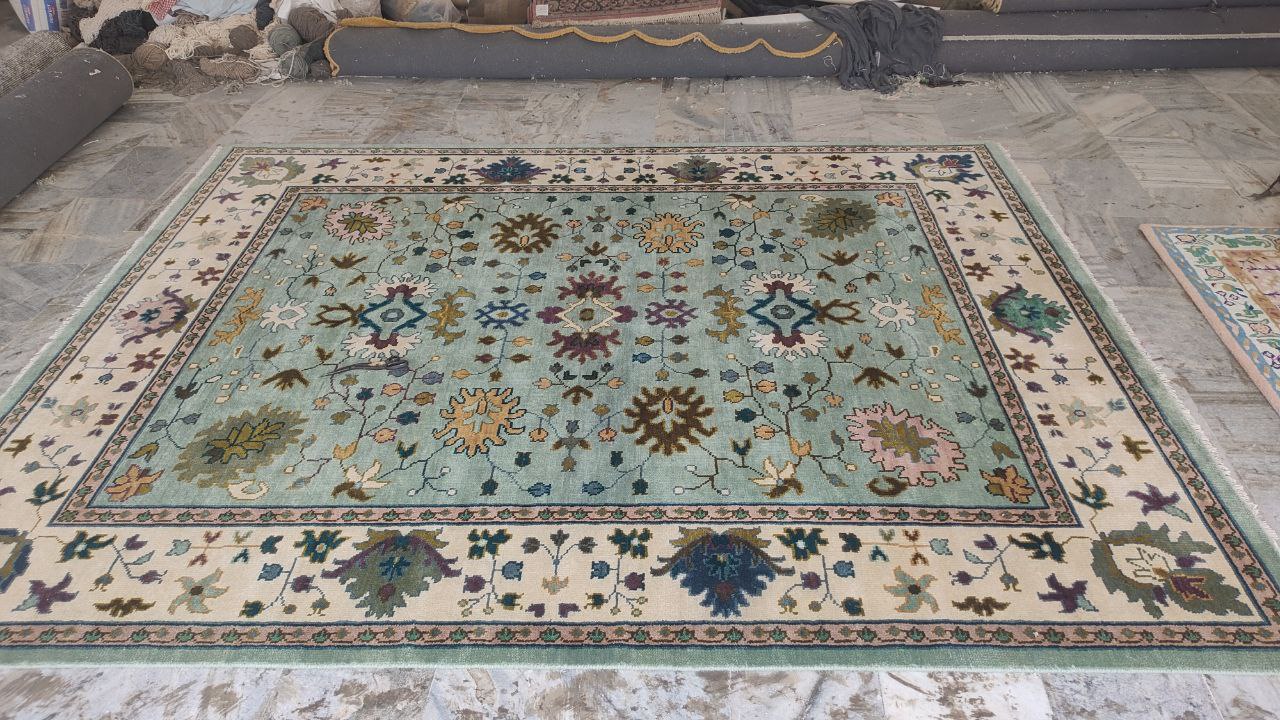 Oushak Mid Century Mint Green Floral Hand Woven Wool Rug