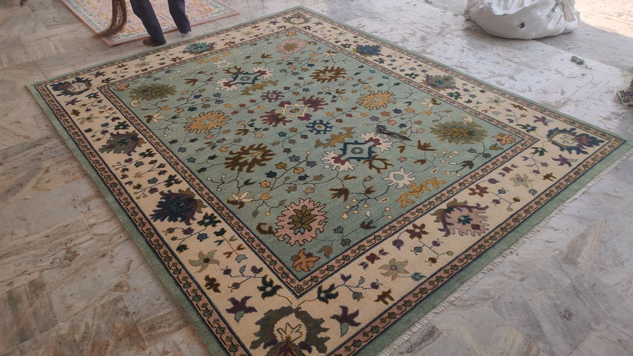 Oushak Mid Century Mint Green Floral Hand Woven Wool Rug